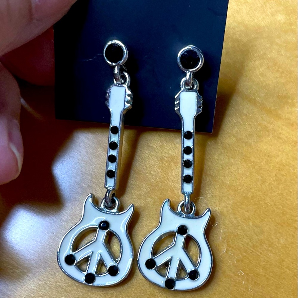 Enameled & Steel Guitar Peace Sign Black & White Earrings